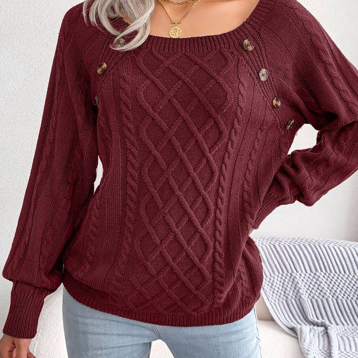 Suhkasana - Wholesale Knitted jumper – Women′s - Fall Winter Casual Square Neck Button Detail Cable Knit Swea35