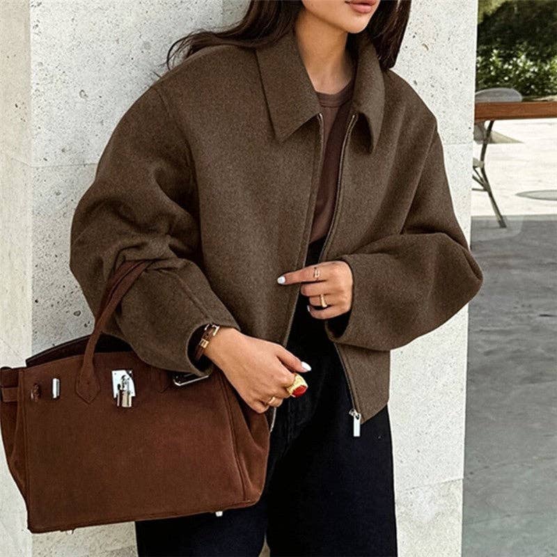 Brown Solid Color Notched Collar Thick Wool Jacket for wholesale on Faire4