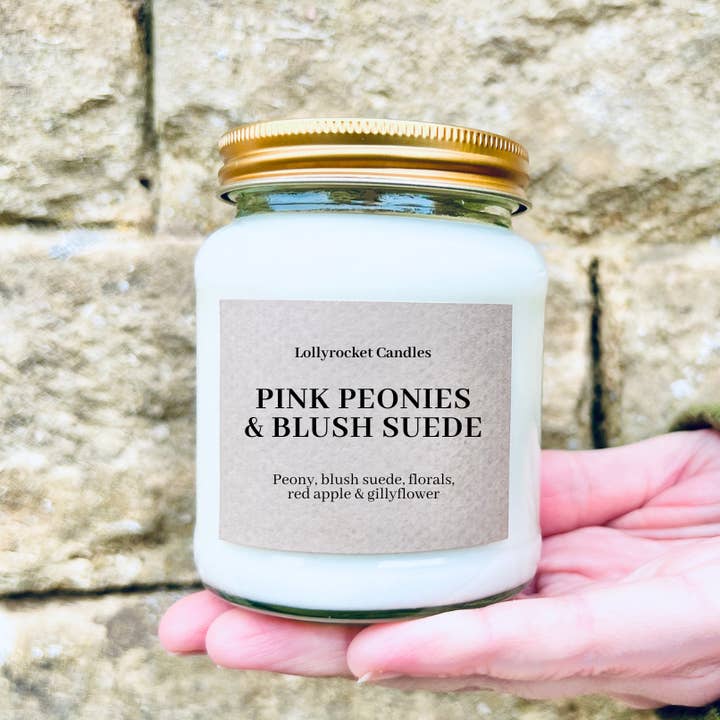 Pink Peonies & Blush Suede Handmade Soy Scented Candle for wholesale by Lollyrocket Candles Limited