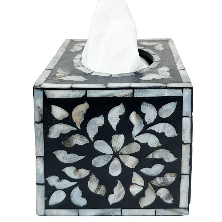 Copri scatola di fazzoletti nero con intarsi in madreperla per la vendita all'ingrosso da parte di Abahna
