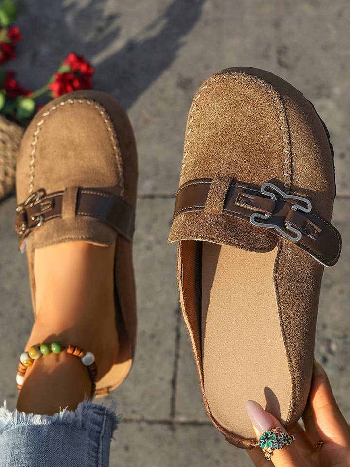 Faux Suede Cute Buckle PU Leather Strap Mule Slippers for wholesale by fashionworks