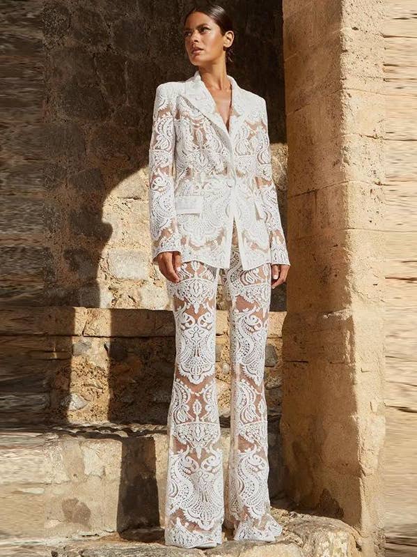 Keira White Lace Blazer and Pant Two Piece Set and other Purchase Wholesale tuxedo. Free Returns & Net 60 Terms on Faire trending on Faire.