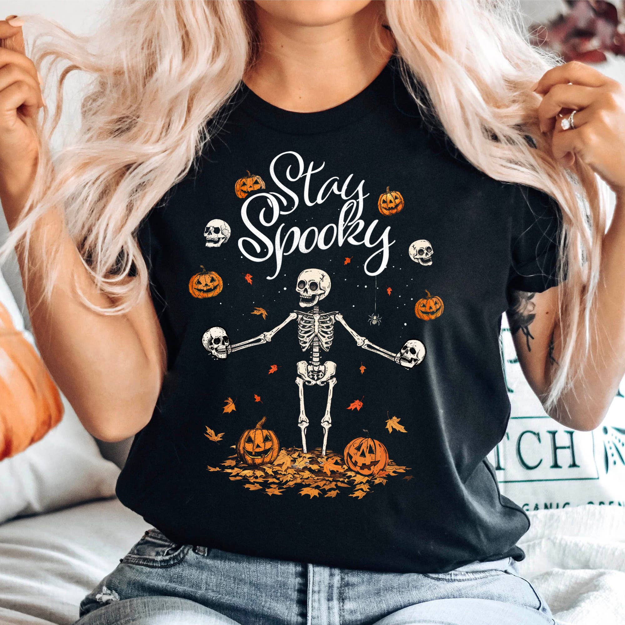 Johnny Threads - Wholesale Screen Printed T-Shirt - Women's - Stay Spooky Halloween Pumpkin & Skeleton Graphic Tee Shirt0