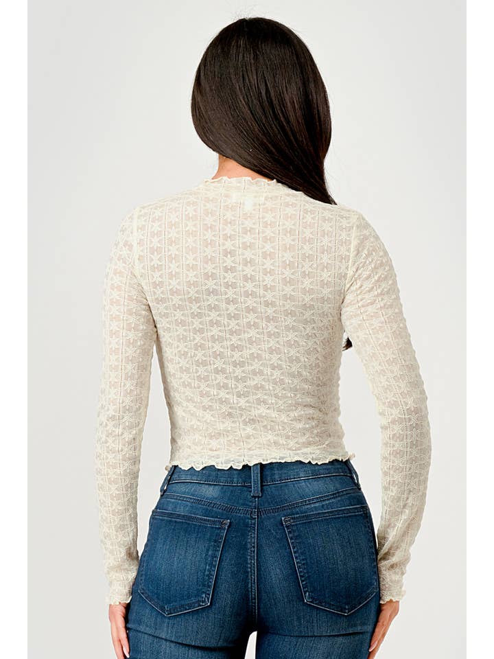 REDFINCH APPAREL INC – Großhandel Strickoberteil – Damen – Damenoberteil mit Salatbesatz, Stehkragen und langen Ärmeln aus Mesh.3