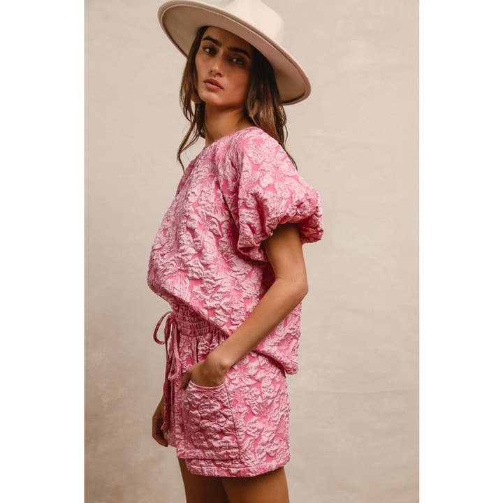 FUCHSIA Floral Pattern Texture Puff Sleeves Top And Shorts for wholesale on Faire5