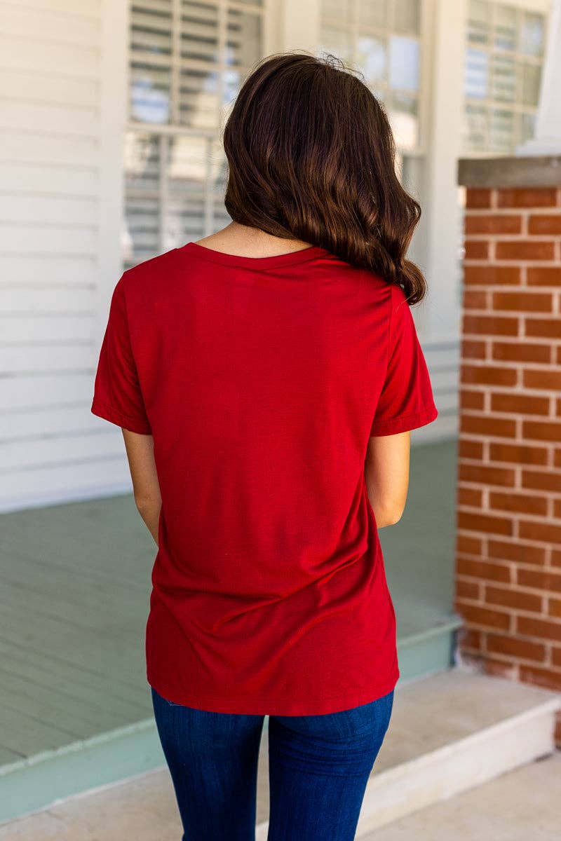 Red Crimson V-Neck Tee for wholesale on Faire4