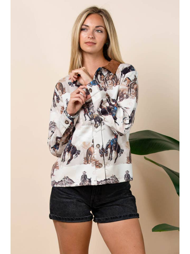 Khaki Multi AT1317-AUDREY WESTERN PRINT LIGHT WEIGHT BARN JACKET for wholesale on Faire8