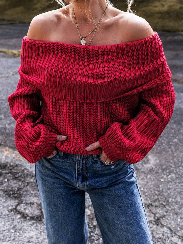 Racing Red Solid Off Shoulder Sweater for wholesale on Faire