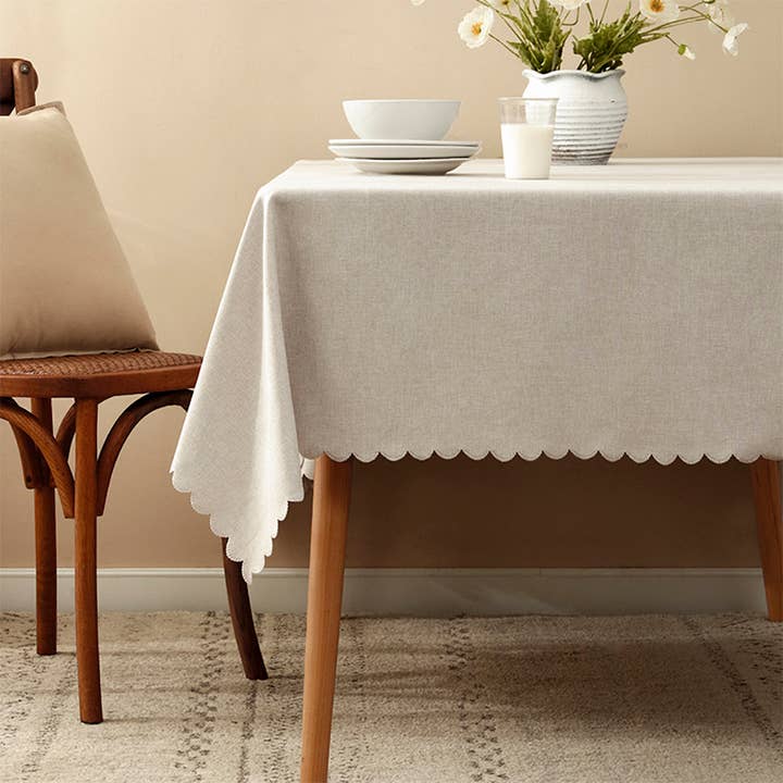 Fennco Styles - Wholesale Tablecloth - Beige Scalloped Border Wrinkle-Free Tablecloth