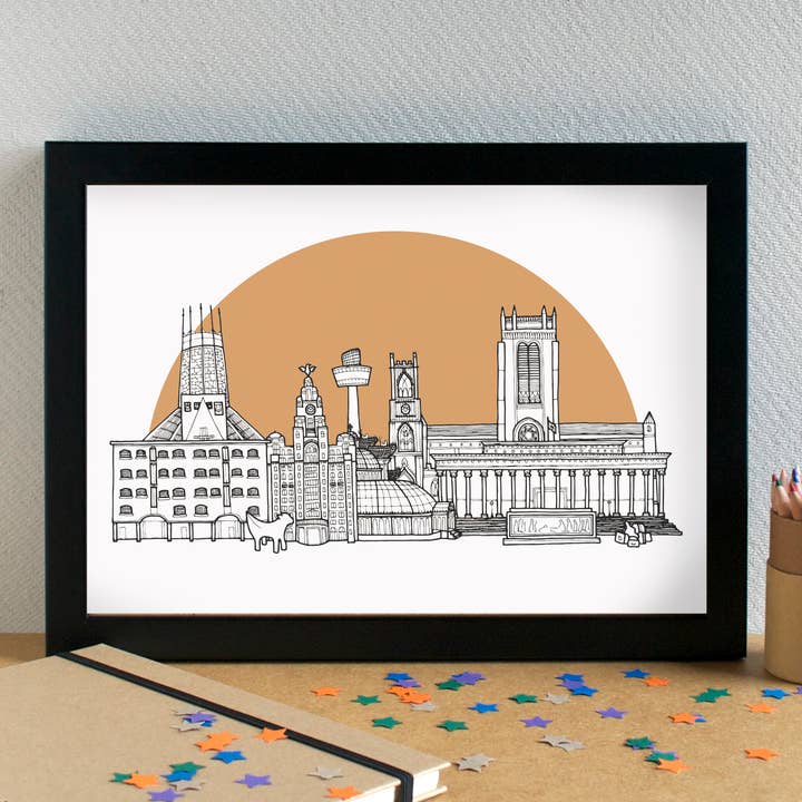 Liverpool Skyline Landmarks Art Print - unframed for wholesale by Becka Griffin Illustration