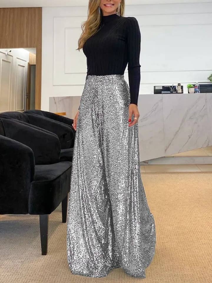 Rosa Clothing - Wholesale Pants - Women's - High-Rise Shiny Party Sequin Wide-Leg Pants