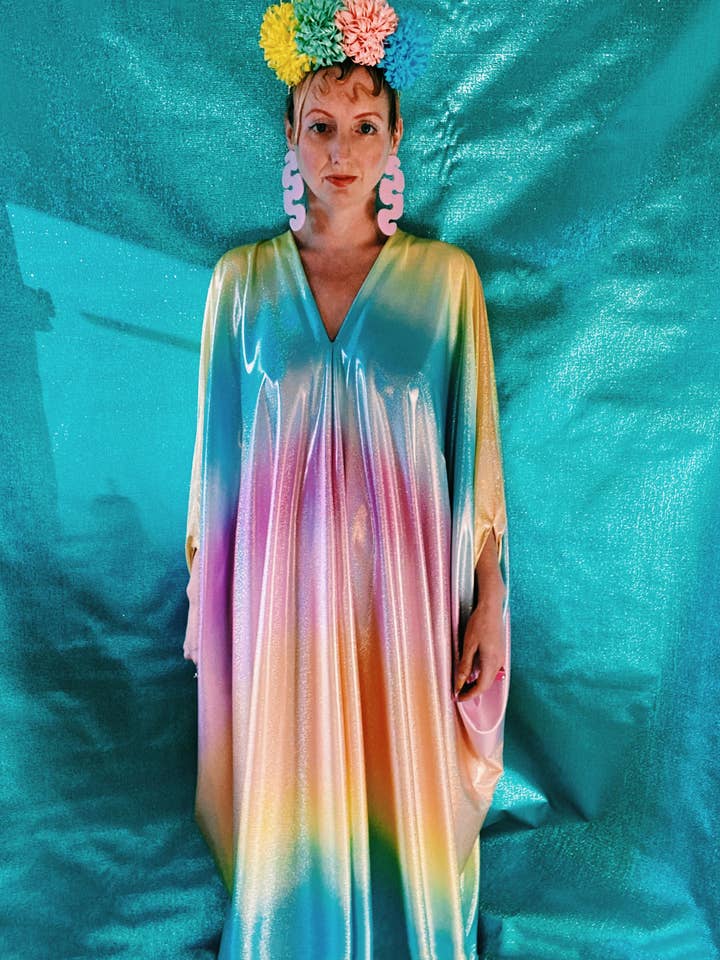 Fumbalinas - Wholesale Kaftan – Women's - Liquid Holographic Pastel Rainbow Studio 54 Maxi Kaftan Dress57