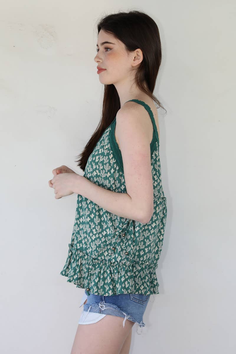 ANGIE - Vente Débardeur – femme - DÉBARDEUR B2BB1-W980 AVEC BORDURE EN DENTELLE À IMPRIMÉ CACTUS ET COL EN V ET LIENS LATÉRAUX4