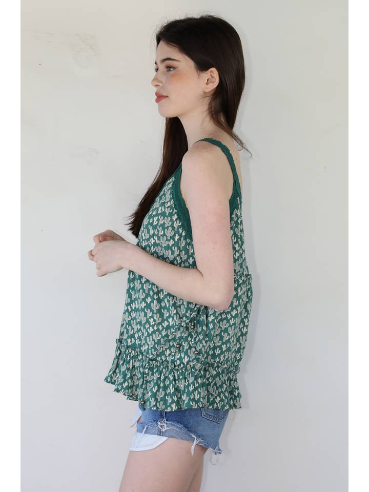 ANGIE - Vente Débardeur – femme - DÉBARDEUR B2BB1-W980 AVEC BORDURE EN DENTELLE À IMPRIMÉ CACTUS ET COL EN V ET LIENS LATÉRAUX4