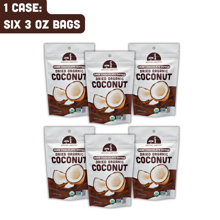 Mavuno Harvest Organics - Wholesale Dried/Dehydrated Fruit - Organic Dark Chocolate Dipped Dried Coconut, 6-pack case