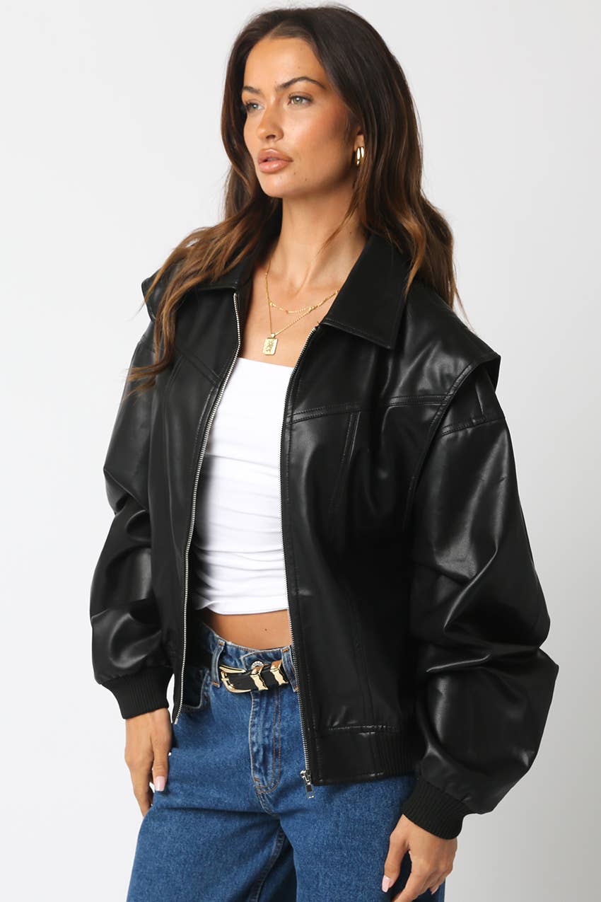 Olivaceous - Wholesale Bomber Jacket - Women's - Kaylee Pu Bomber Jacket1