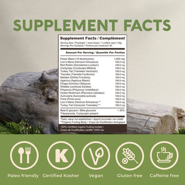 Longevity Botanicals – wholesale Protein/superfood powder – Organic Power Blend 15 Mushroom Extract Powder