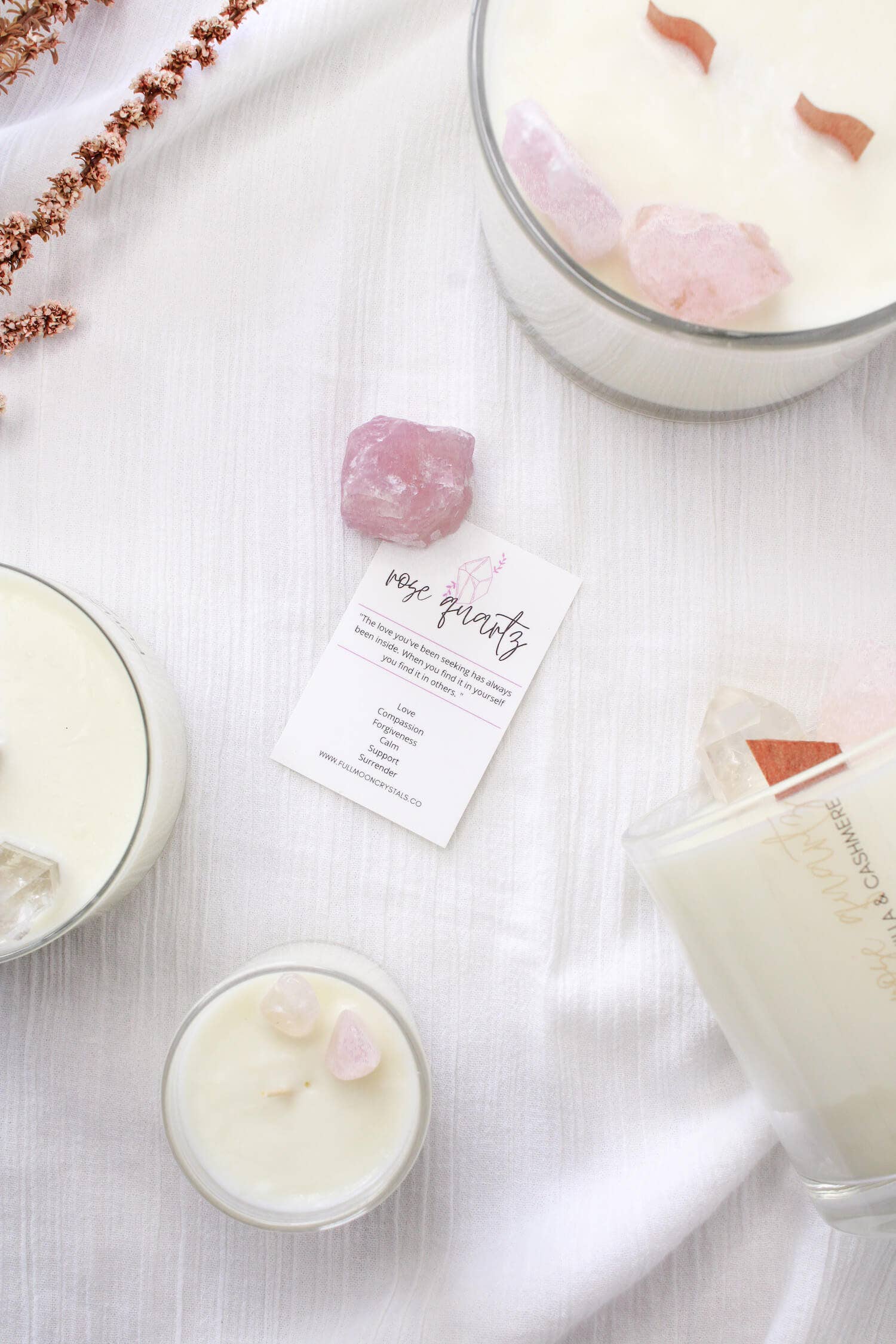 Fullmoon Crystals - Vente Bougie en bocal - Vanilla & Cashmere | Bougie cristal de quartz rose1