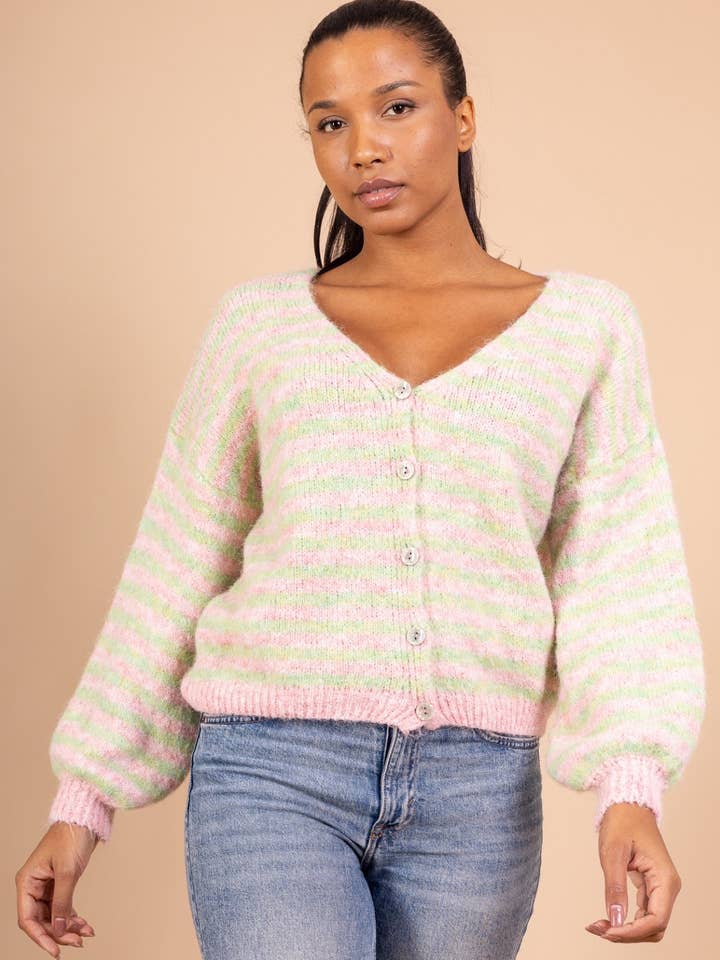 AMARIA - Wholesale Cardigan - Women's - Oversized striped cardigan in soft knit - WOOL - 51062