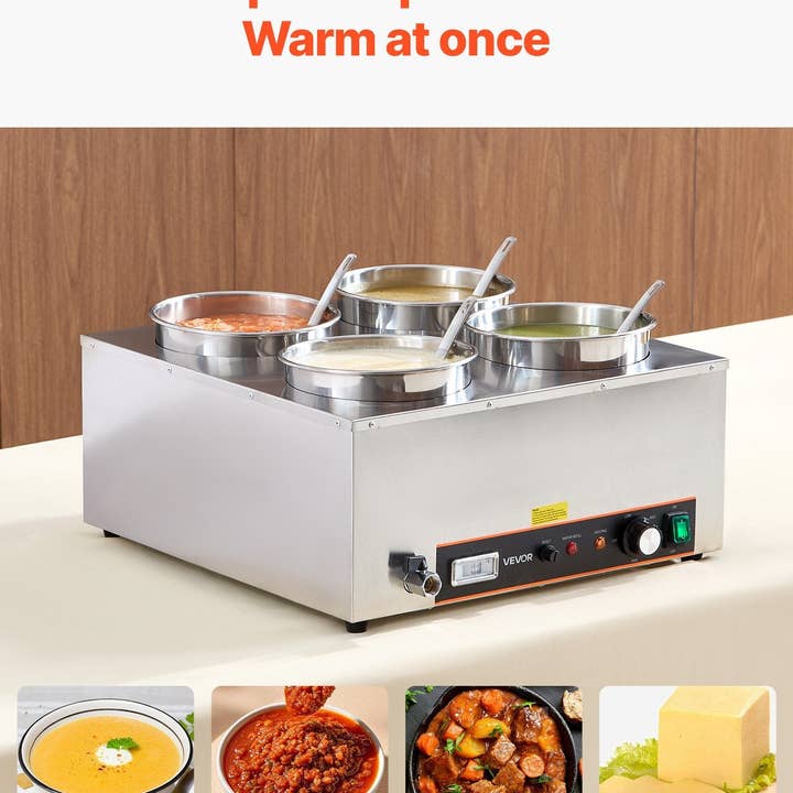 Electric Soup Warmer, Four 6.34QT Stainless Steel Round Pot with 86~185?F Adjustable Temp, 1500W Commercial Bain Marie with Anti-dry Burn and Reset Button, Soup Station for Restaurant, Buffet for wholesale by American Smart