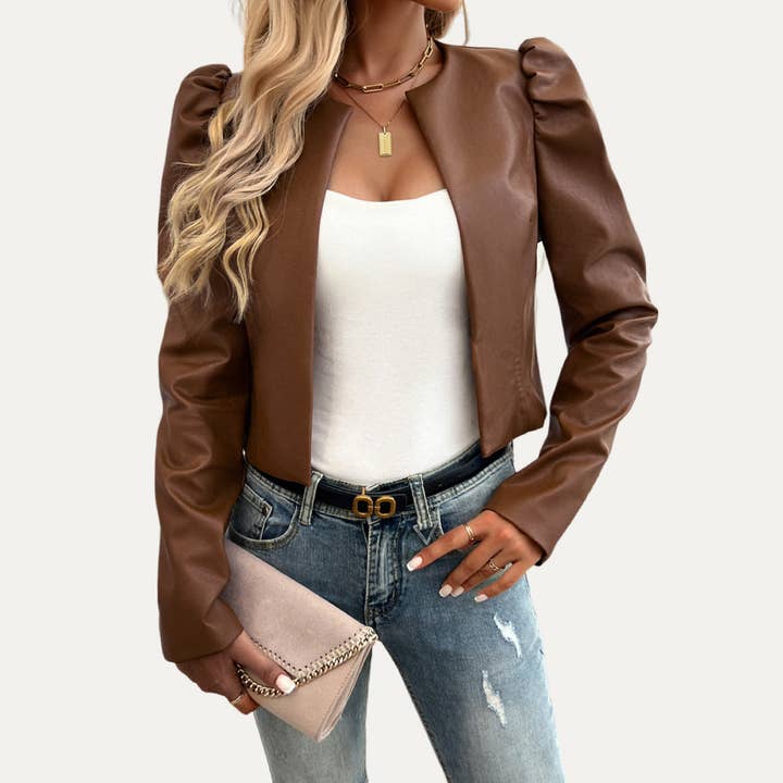 Fashionable Faux Leather Open-Front Long Sleeve Crop Jacket for wholesale by The Moment Collection