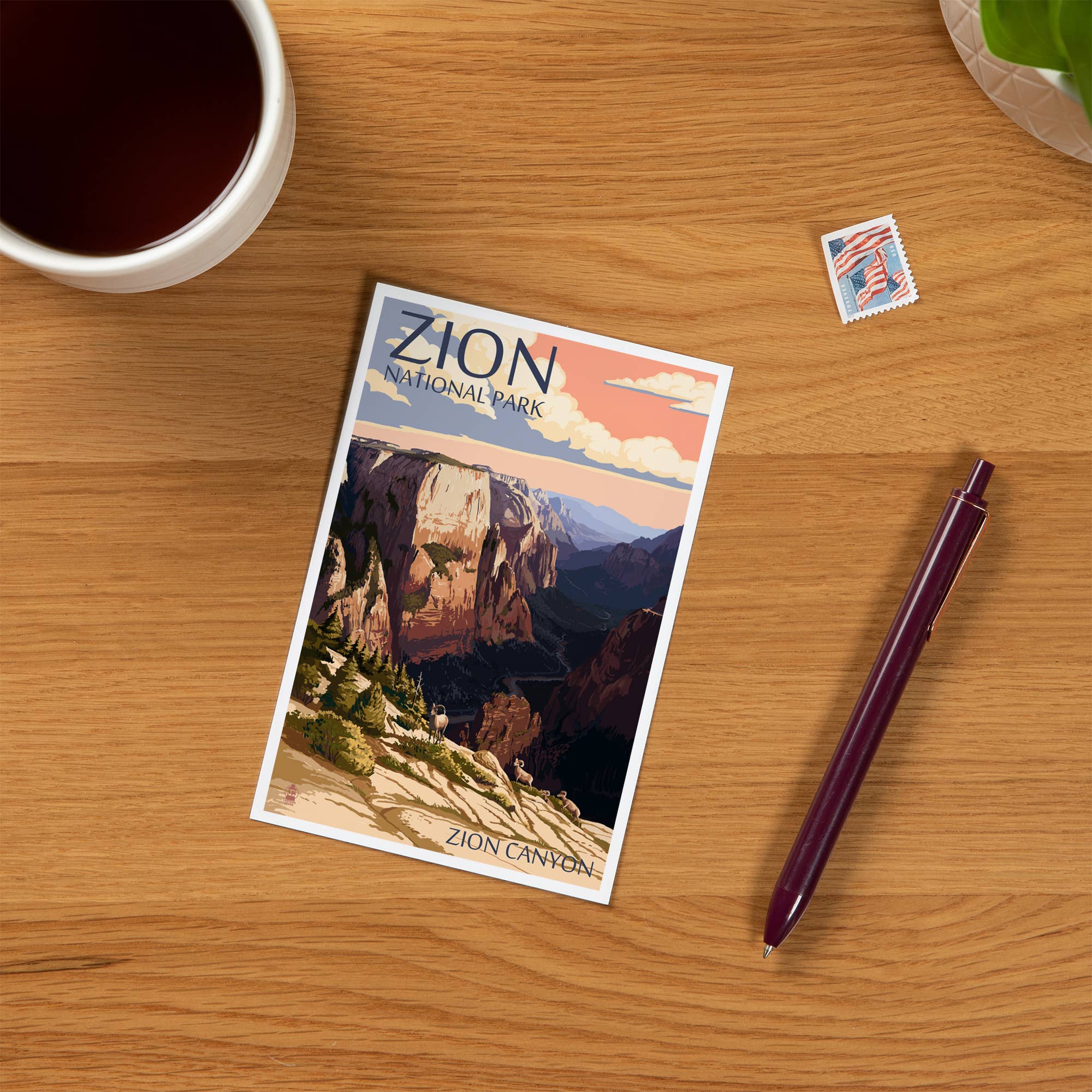 Lantern Press - Vente Cartes postales - CARTES POSTALES PREMIUM Parc national de Zion, UT Zion Canyon, coucher de soleil1