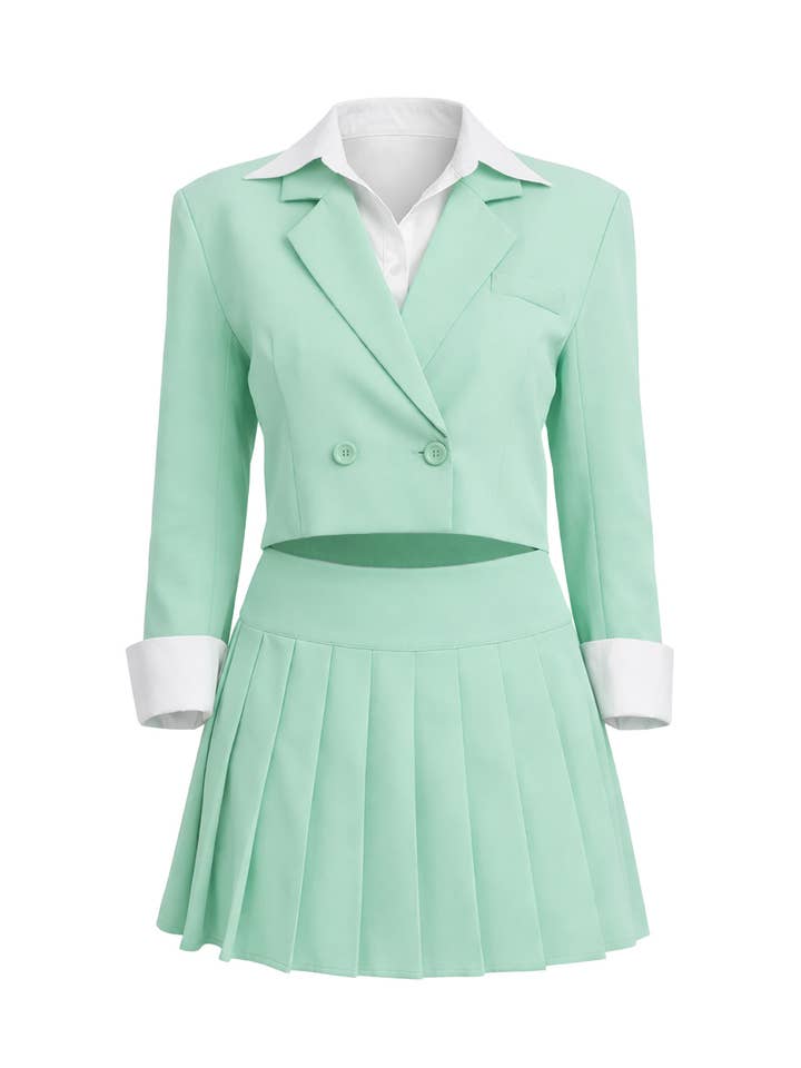Zugeschnittenes Blazer-Set mit kontrastierendem Kragen und Tennisrock für den Großhandel von RIVIR