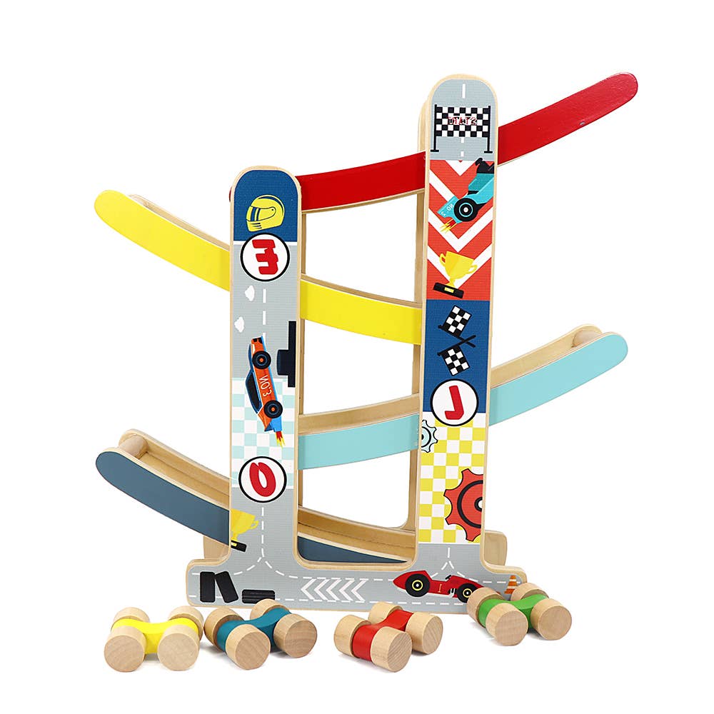 Leo & Friends - Vente Jouet en bois – enfant - Piste de course à rampe en bois Leo & Friends avec 4 voitures de course3