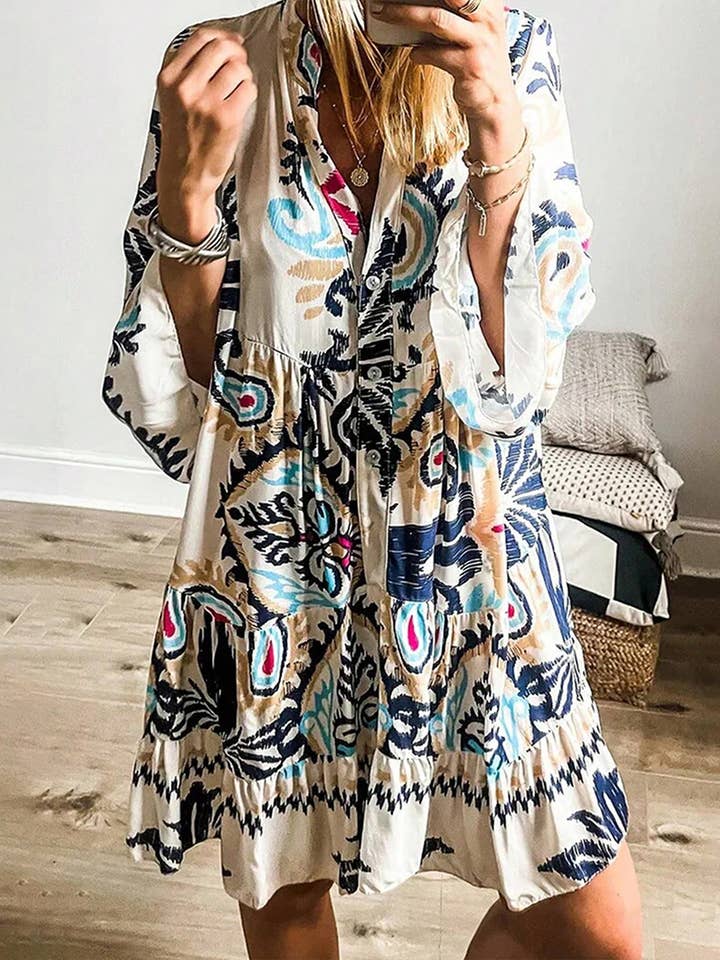 MULTICOLOR HOLIDAY STYLE LOOSE CASUAL FLORAL DRESS for wholesale on Faire