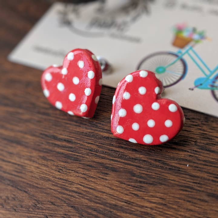 With Clay & Paint – wholesale Stud/post earrings – Red polka dot heart studs
