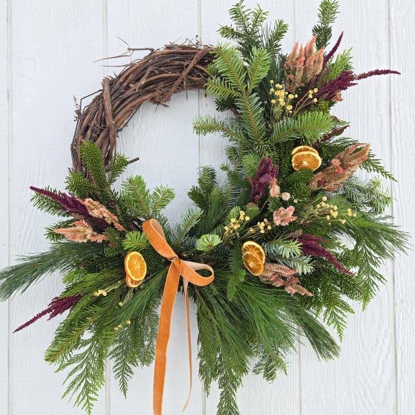 Couronne de vacances fraîche : Heure dorée pour la vente par Alissas Flower Farm