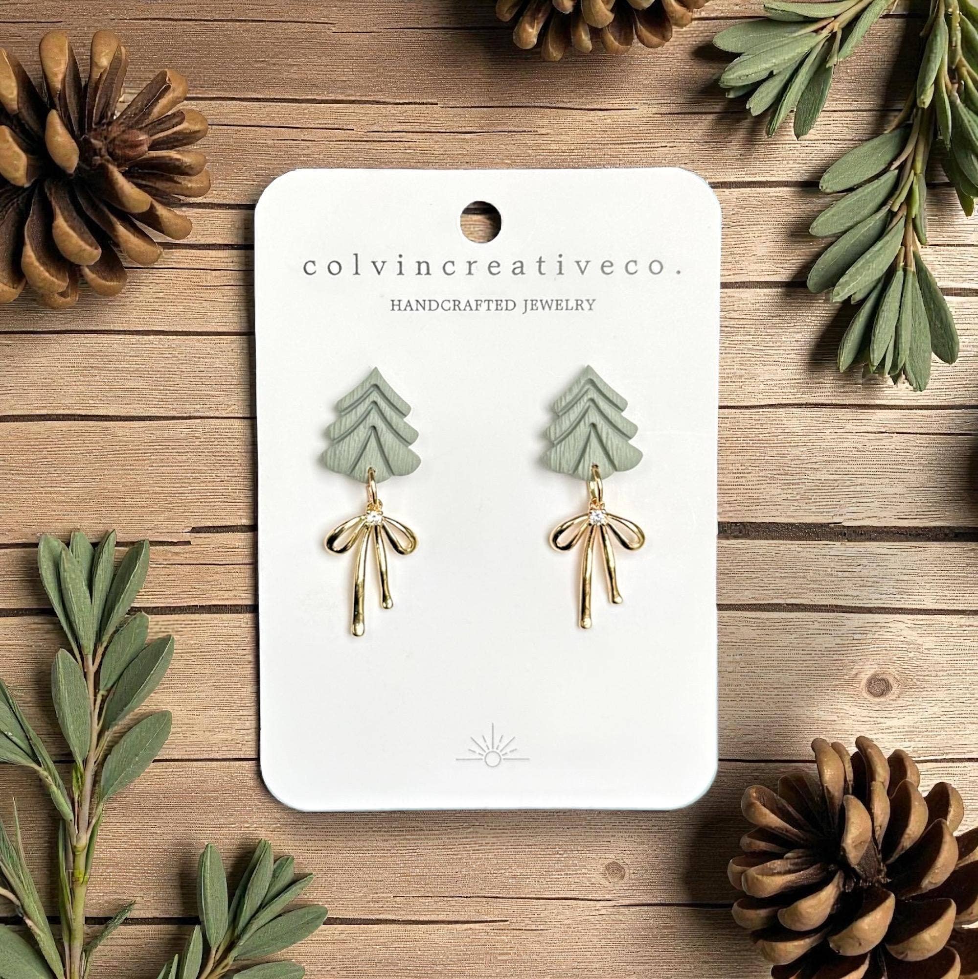 colvincreativeco. - Wholesale Dangle Earrings - Handmade Pine Tree Earrings with Gold Bow Christmas Jewelry0