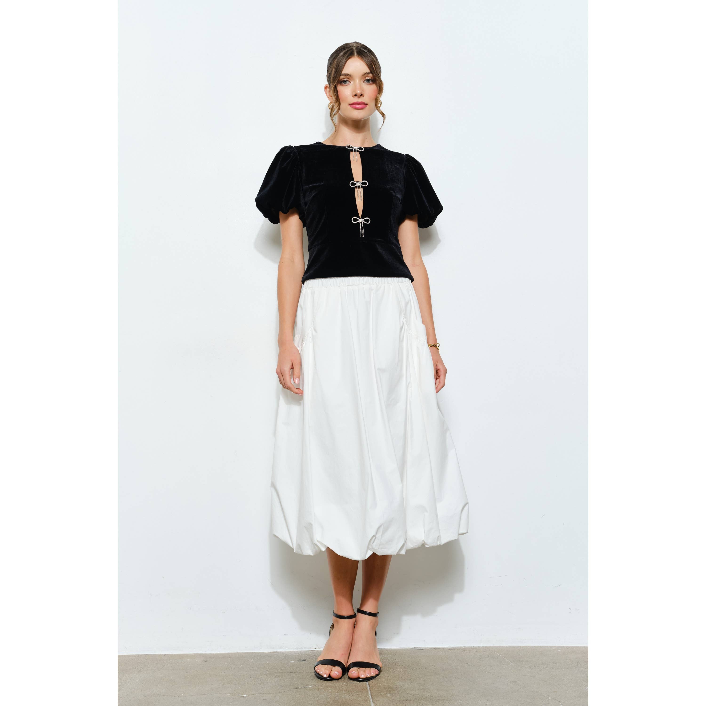 INA - Wholesale Blouse - Women's - Rhinestone Bow Cutout Velvet Puff Sleeve Top12