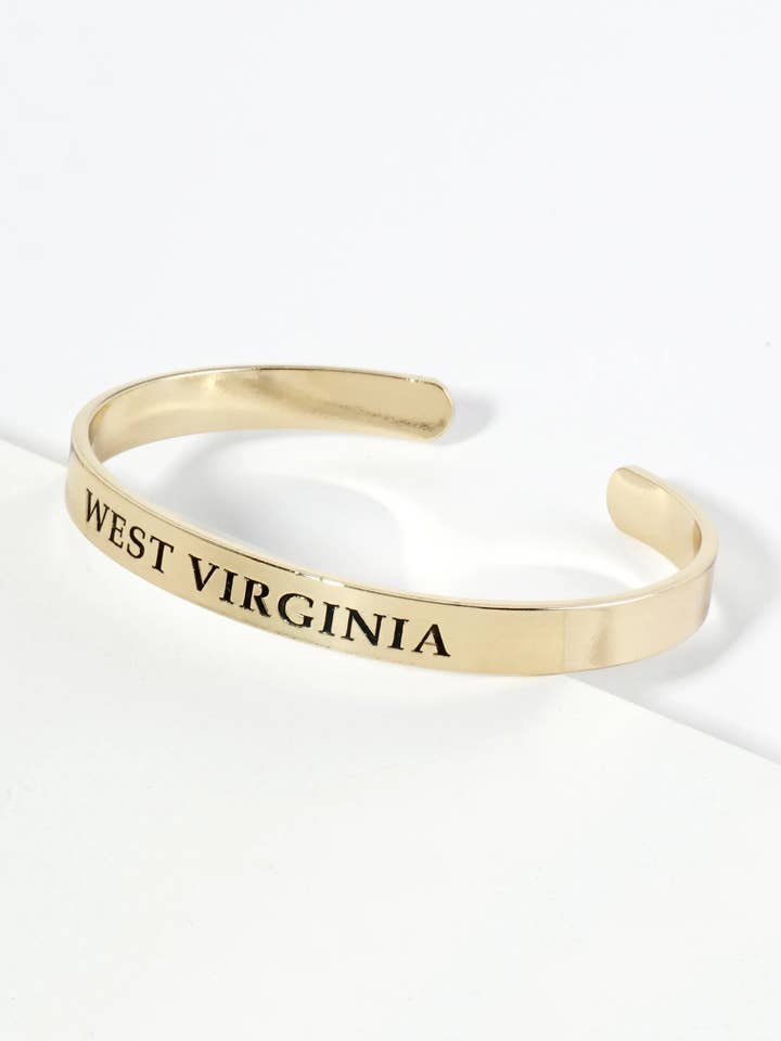 States Engraved 18K Gold Dipped Open Cuff Bangle Bracelet for wholesale by Wild Honey