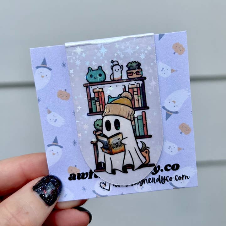 Awfullynerdy.co - Wholesale Bookmark - Ghost Reading Fourth Wing by a Bookshelf Magnetic Bookmark1