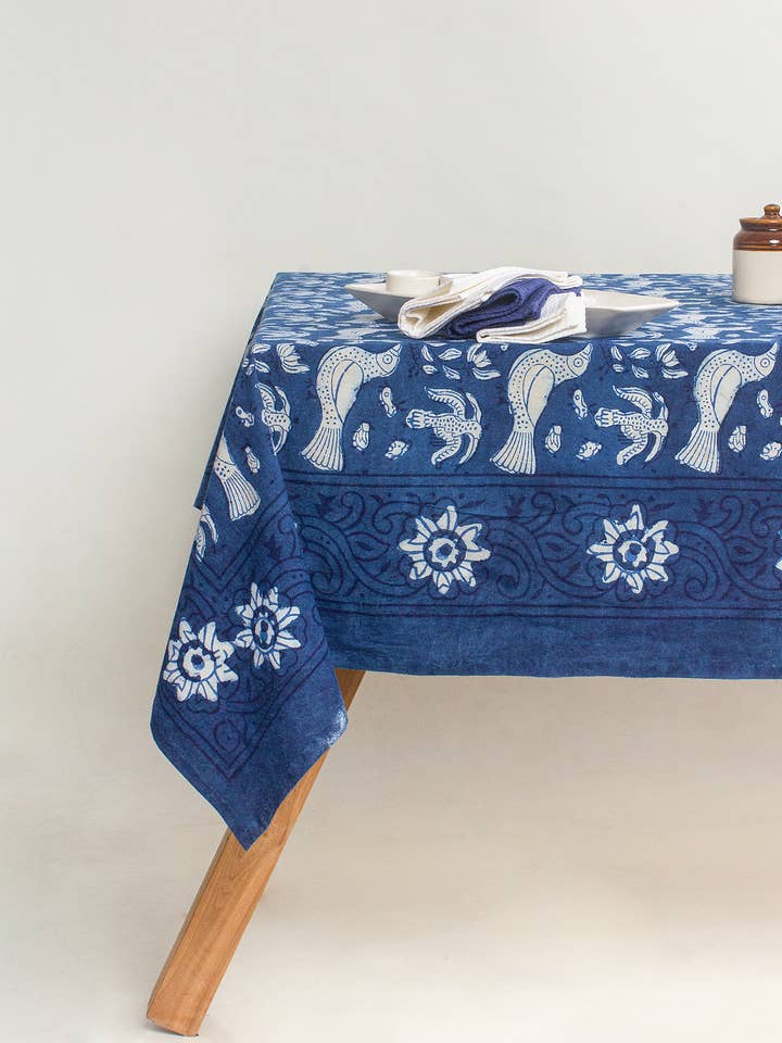 Rectangle - Hand Block Bird Print Indigo Blue Tablecloth for wholesale by Artsy Home