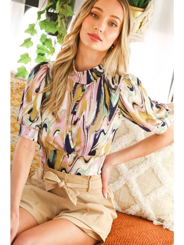 Vine & Love - Vente Haut en maille – femme - Haut en maille à manches courtes bouffantes ouvertes avec col montant VT811678