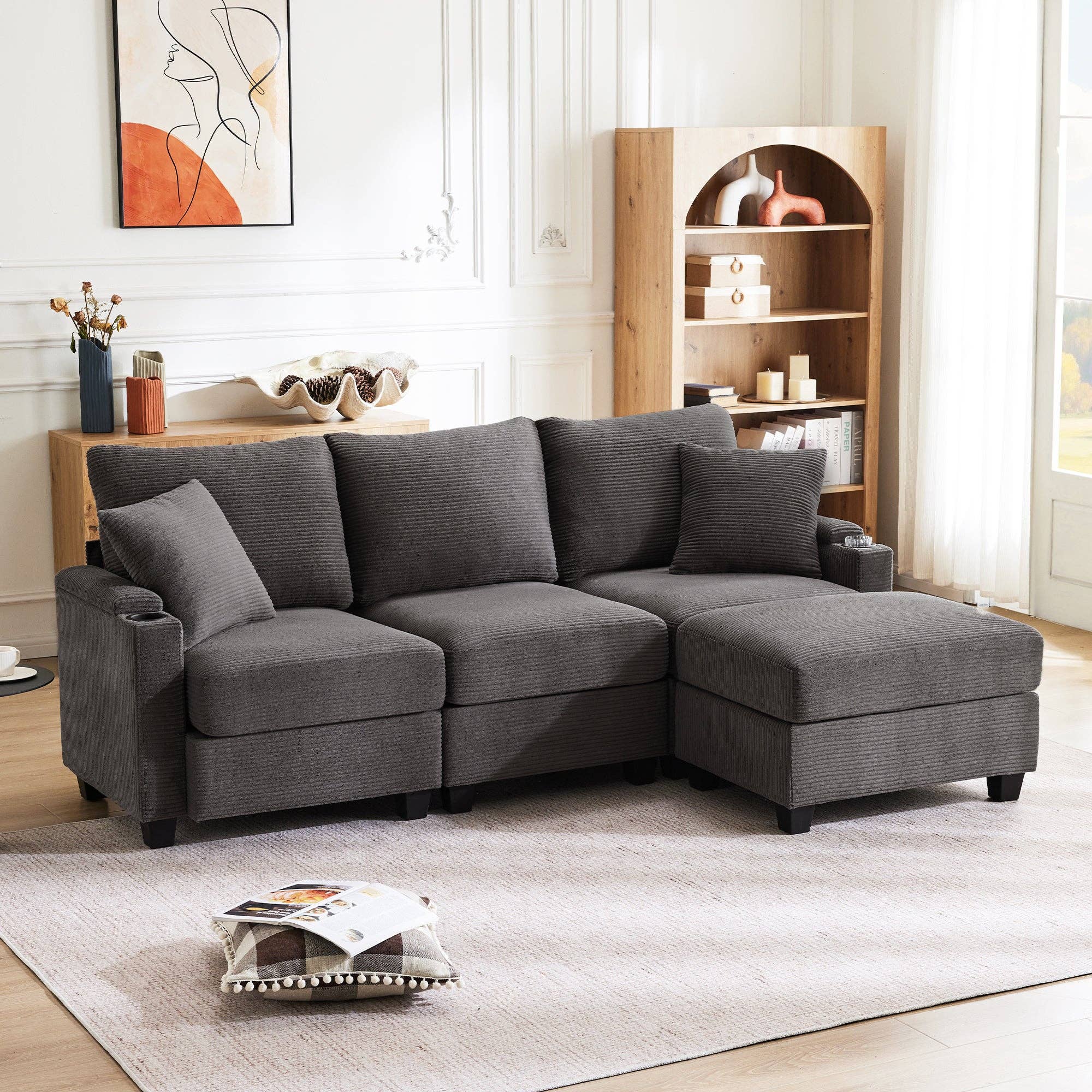 Urban Meuble - Wholesale Bank - Modulaire hoekbank in grijze ribfluweel, 3-4 zitplaatsen met afneembare poef, USB-poorten en bekerhouders GEYSERFOUNT7