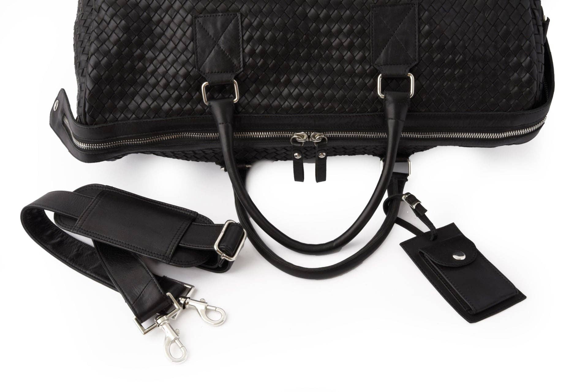Hides - Wholesale Weekender Bag - Women's - Woven Leather Duffle - Black with Detachable Shoulder Strap6
