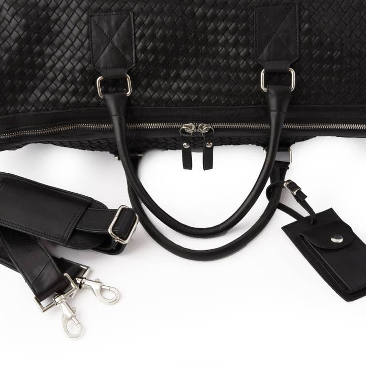 Hides - Wholesale Weekender Bag - Women's - Woven Leather Duffle - Black with Detachable Shoulder Strap6