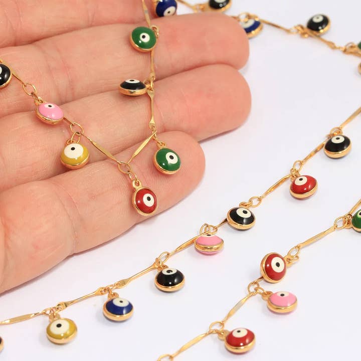 Catena con perline occhio malvagio in oro lucido 24k da 6,5 mm, BXB262-2 per la vendita all'ingrosso da parte di QueenJewelryM