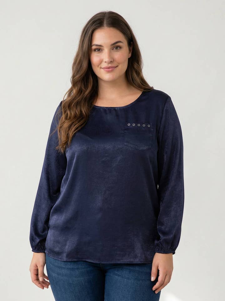 Blue silky plus size blouse (C6175) for wholesale by Pomme Rouge Paris