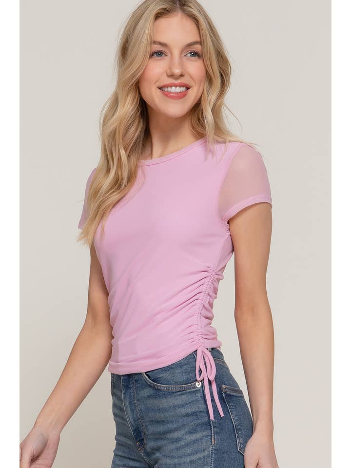 Active Basic | Active USA - Wholesale Knit Top - Women's - Short Sleeve Round Neck Side Ruched with Shirring Mesh Top