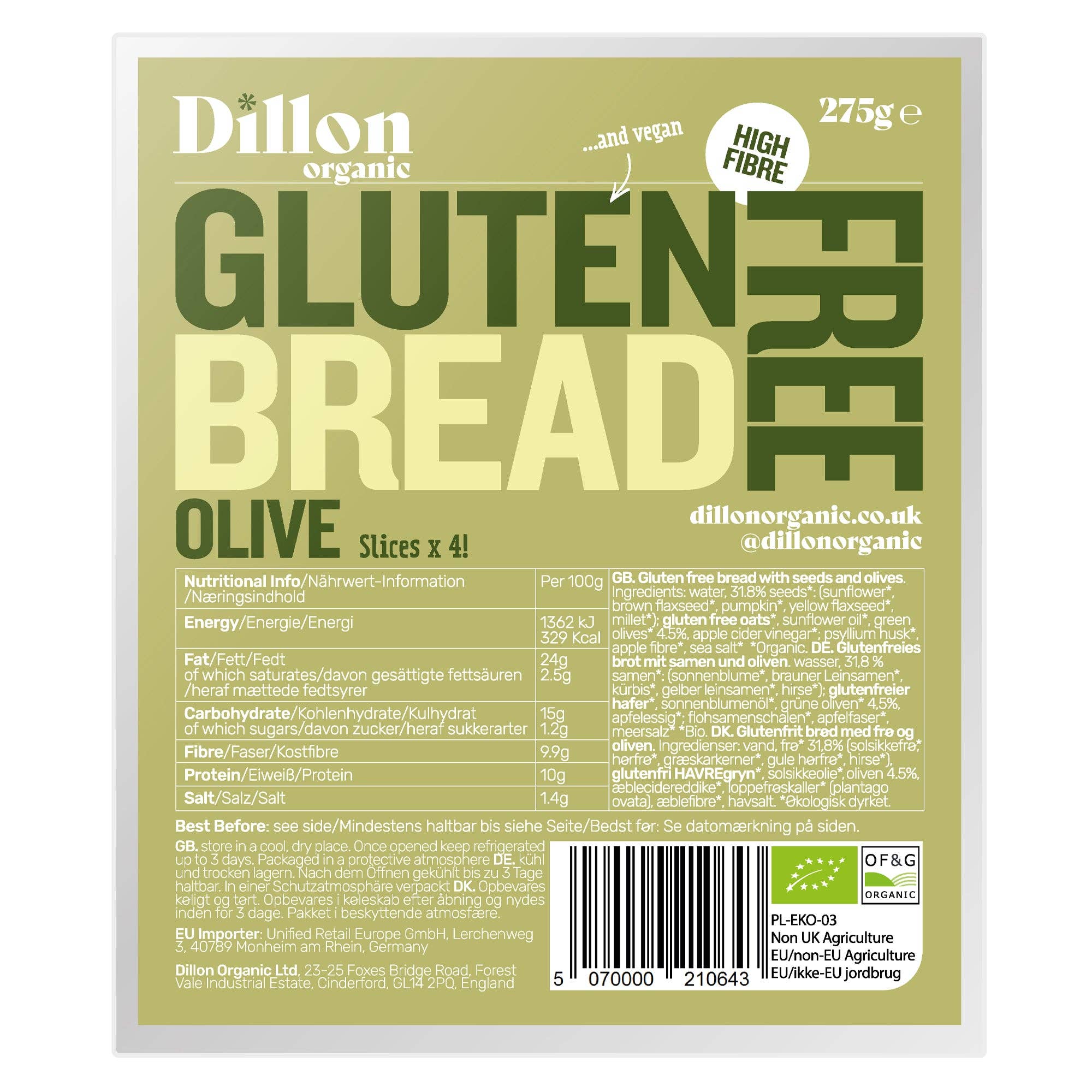 Dillon Organic – wholesale Bread/tortilla – Sliced Gluten Free Olive Bread 275g2