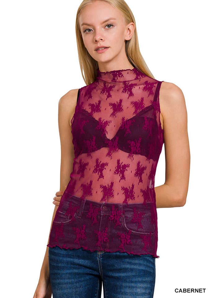 42POPS - Wholesale Knit Top - Women's - ,.SI-25498 Lace See Through Layering Sleeveless Top