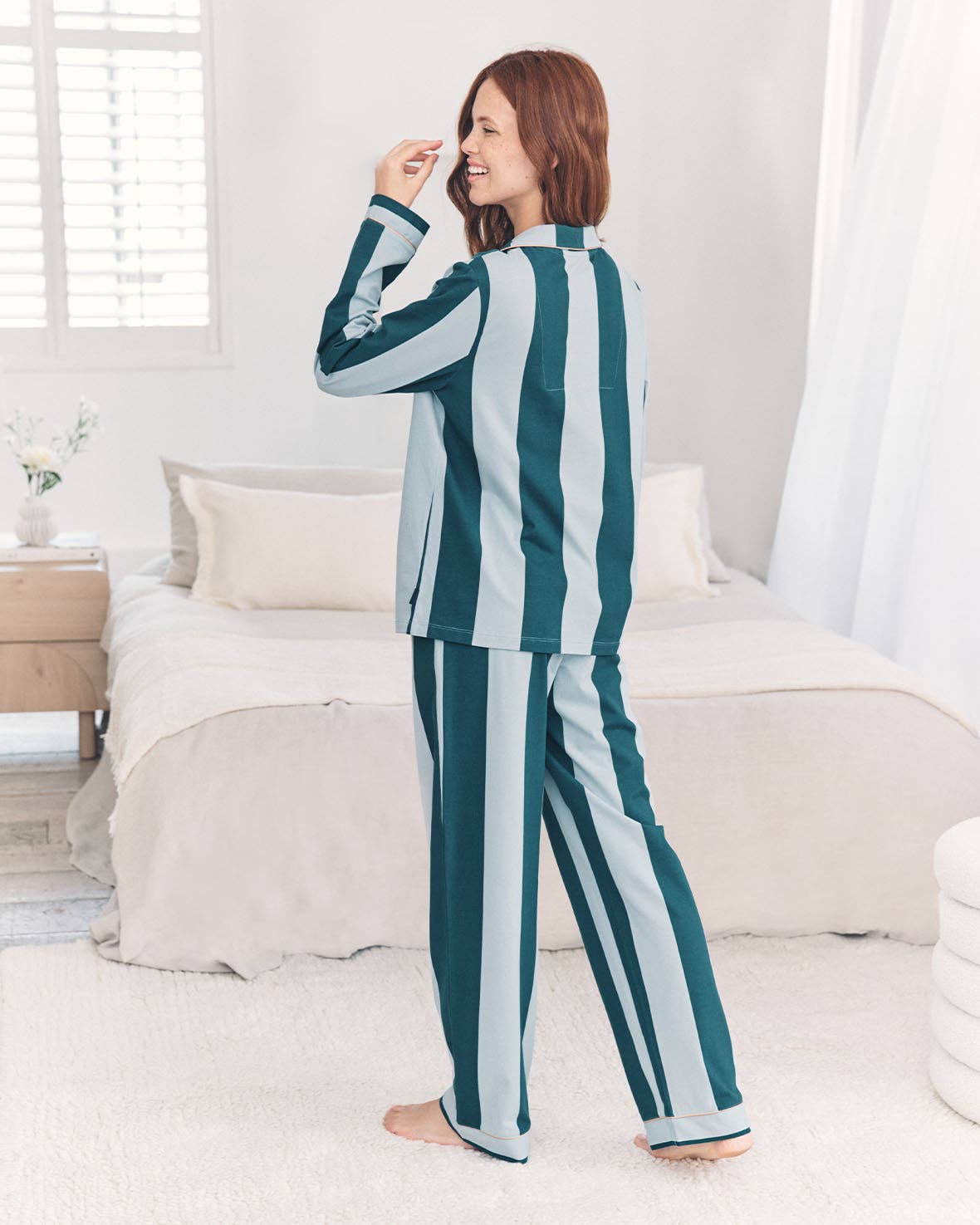 Chelsea Peers – wholesale Sleepwear set – Women's – Organic Cotton Stripe Long Pyjama Set - Blue3