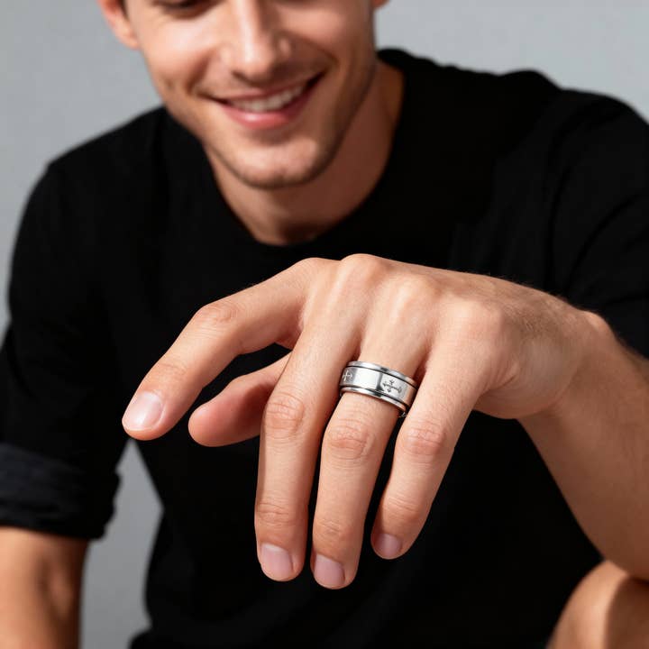 WJW - Vente Anneau/bague à empiler - Bague Cross Spinner Center en acier inoxydable hautement poli6