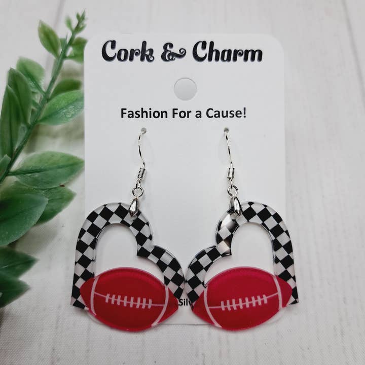 Black White Check Heart Football Acrylic Sterling Silver Earrings for wholesale by Cork and Charm