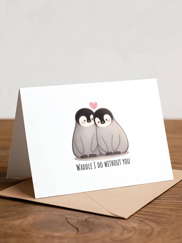 Waddle Ik Zonder Jou - Keizerspinguïn Liefdeskaart voor wholesale door Chewy Lemon Studio