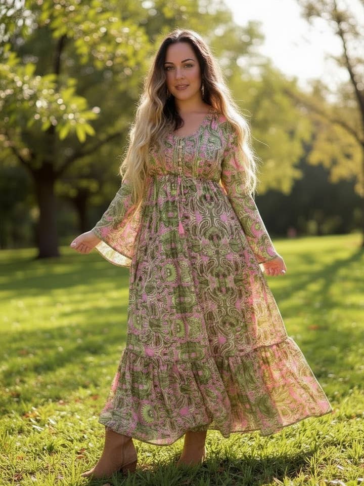 Silke Bell Sleeve Maxi Kjole m/knapper (Oliven/Pink) for engroshandel hos Pink and Silver